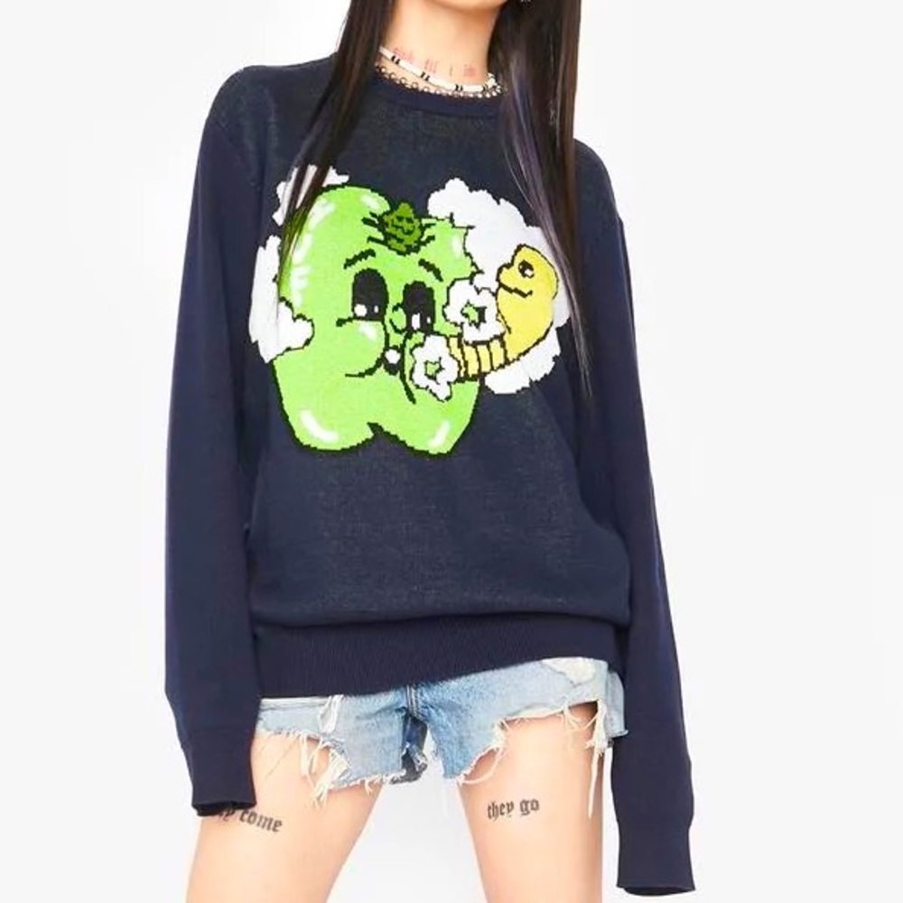 HUF Smoked Apple Jacquard Oversized Knit Sweater Crew Neck Long Sleeve Navy Blue